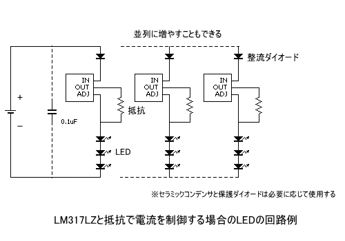 LM317LZと抵抗で電流を制御する場合のLEDの回路例